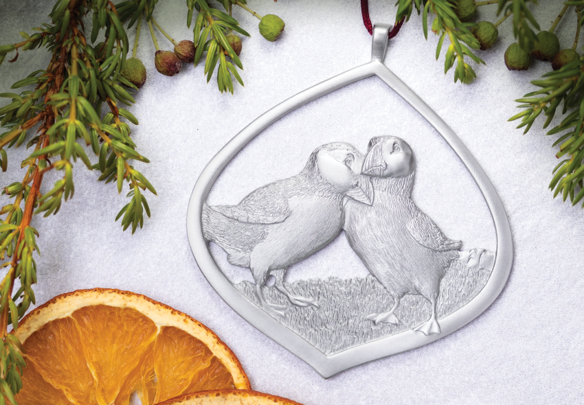 2022 Amos Pewter Holiday Ornament featuring puffins