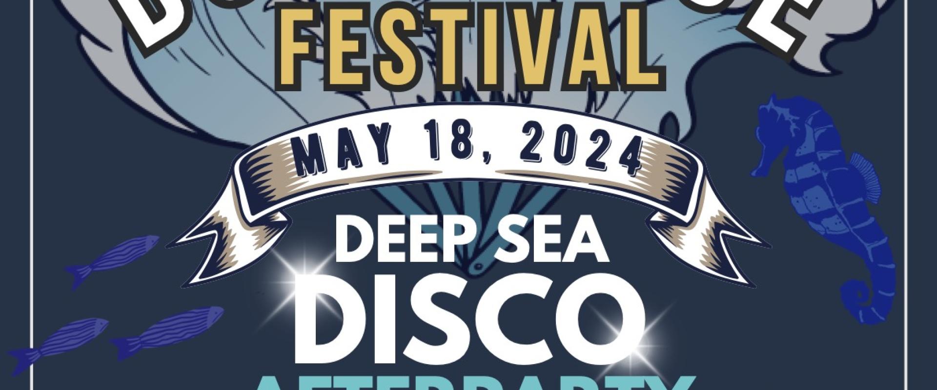 A dark blue poster with a feather fan that looks like waves.It reads Atlantic Burlesque Festival After Party, Deep Sea Disco.