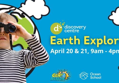 Earth Explorers at Discovery Centre advertisement. Boy using binoculars in front of the Earth
