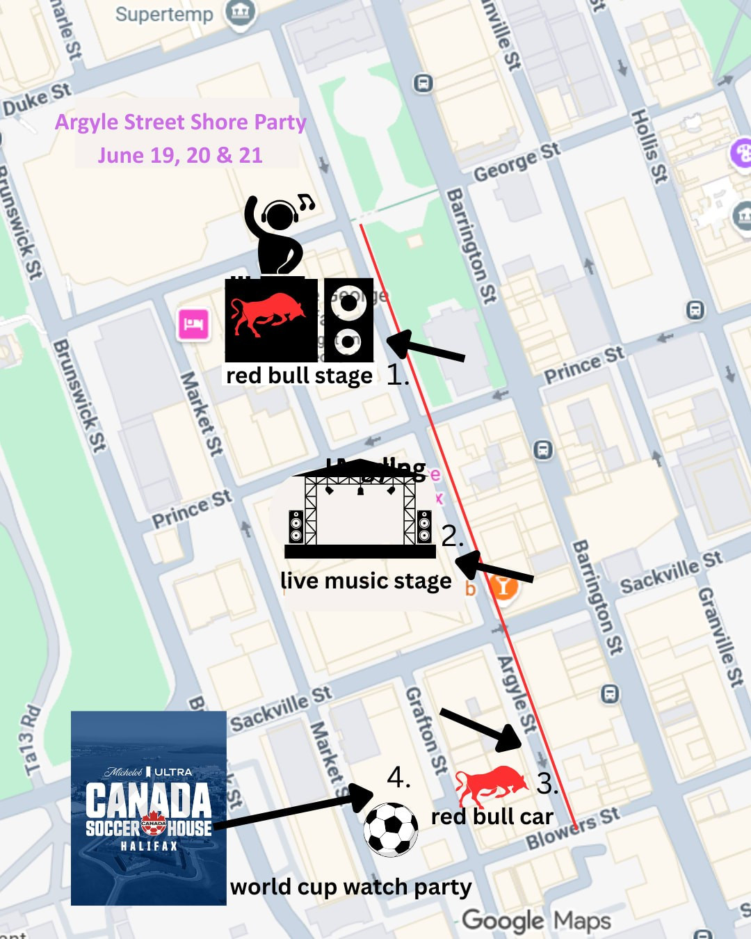 Argyle Street Shore Party in Downtown Halifax map. 