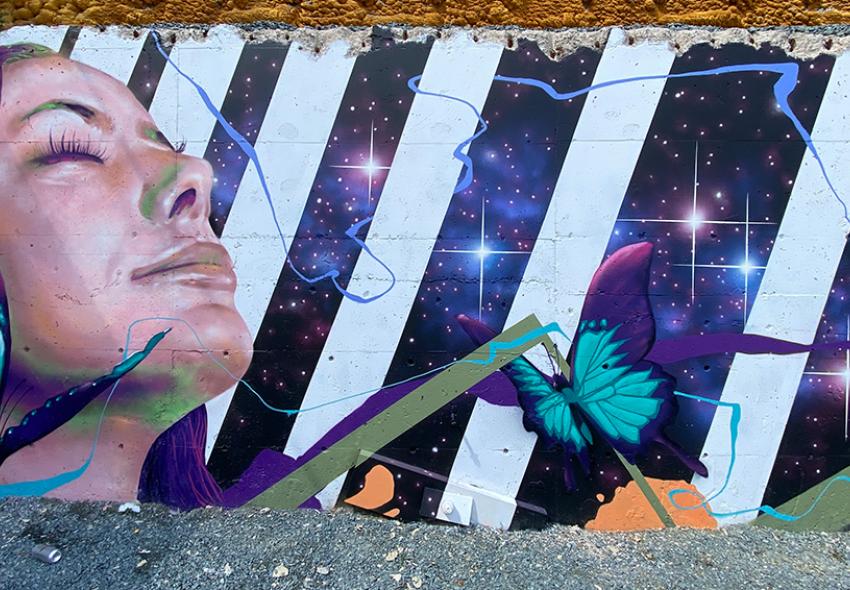 Mural on Grafton Street, titled "Living Space" by artist Daniel Burt. It depicts a woman on the left side with a background of butterflies, sparkles, colorful abstract lines and white diagonal lines