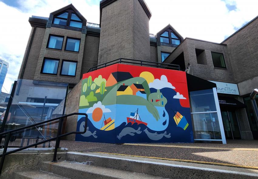 Molly Margaret's mural on a Halifax Marriott Harbourfront wall