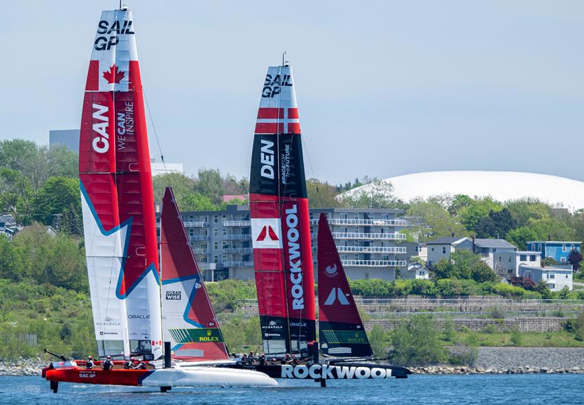 The ROCKWOOL Canada Sail Grand Prix (SailGP) took place in Downtown Halifax on June 1-2. Here, Canada's and Denmark's hyrofoil boats sail in the Halifax Harbour. 