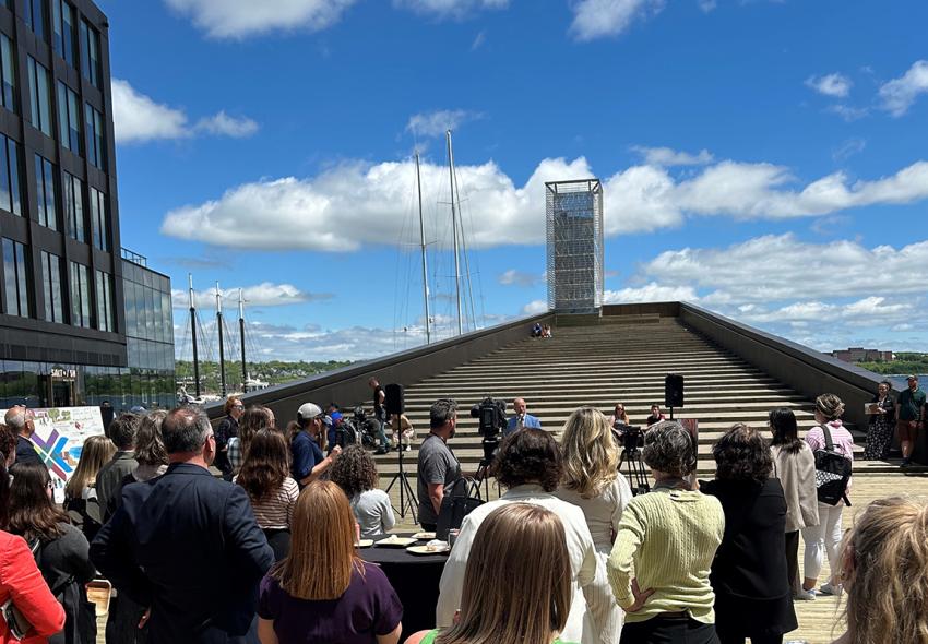 The Honourable Andy Fillmore, MP, speaks before a crowd of media at the Downtown Halifax Vision 2030 launch event on June 5 at Queen's Marque on the Halifax Waterfront. 