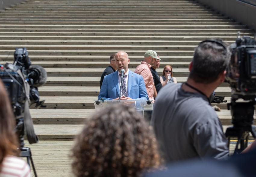 The Honourable Andy Fillmore, MP, speaks before a crowd of media at the Downtown Halifax Vision 2030 launch event on June 5 at Queen's Marque on the Halifax Waterfront. 