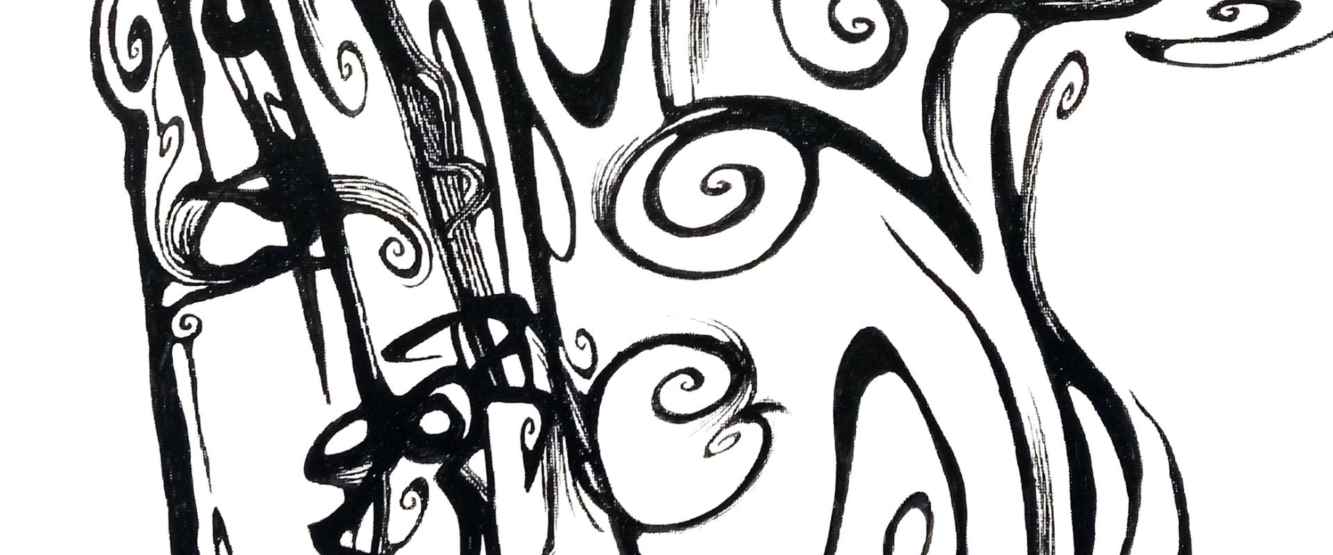 An abstract image of a saxophone, in swirling black marking on a white background