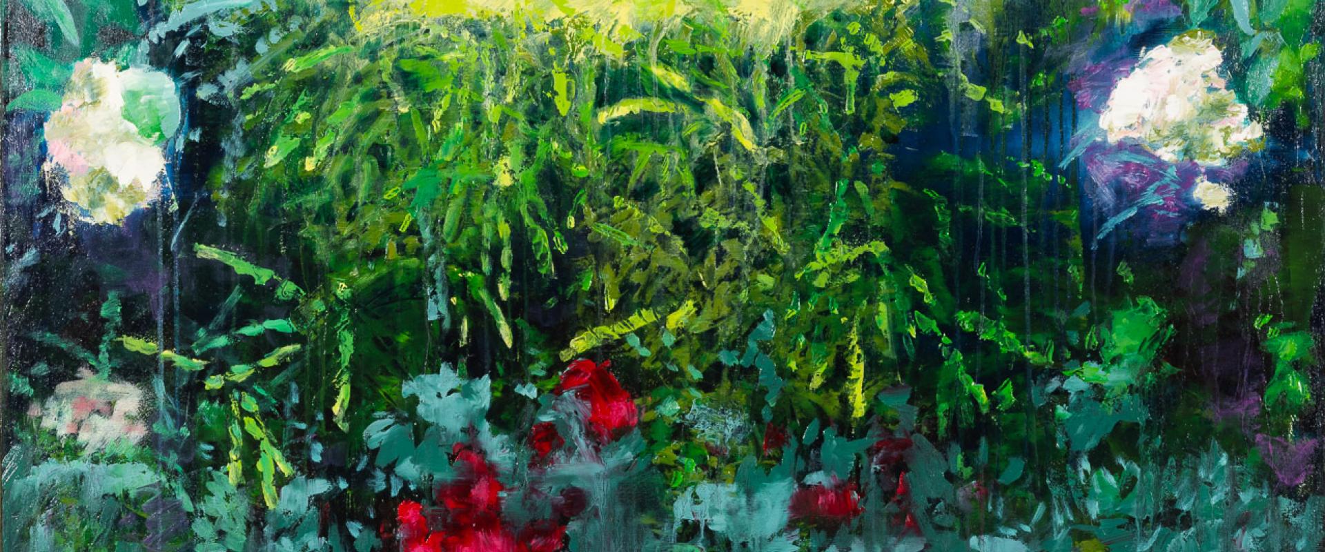 a garden scene surrounded by white and red flowers, with bright green grass at the center