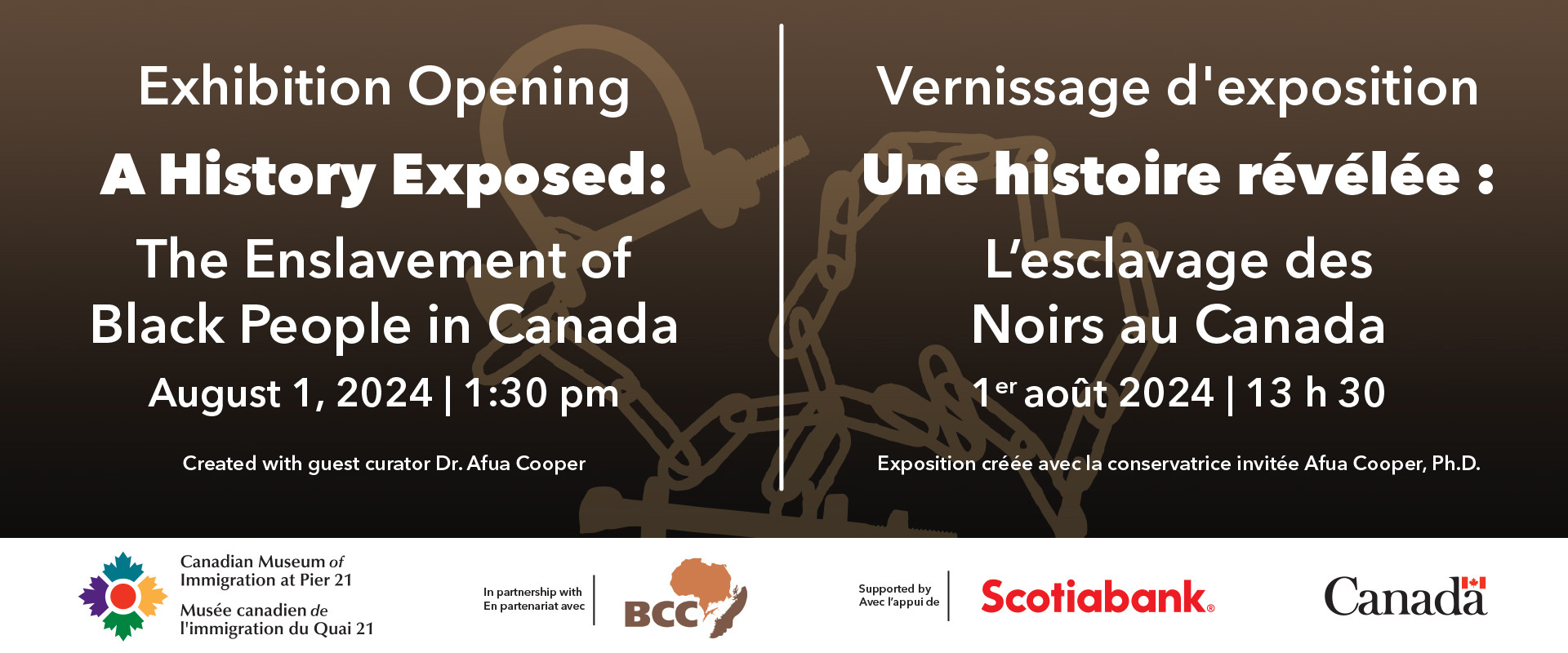 Event information with a brown outline of shackles and a chain in the background.