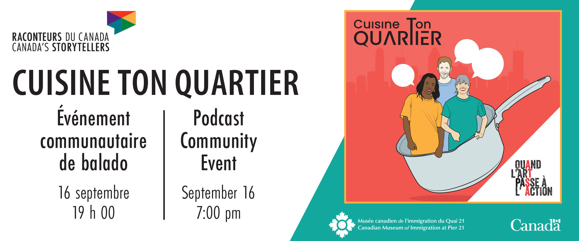 Event information beside a cartoon of three people of varying races inside a pot, with blank speech bubbles over their heads.