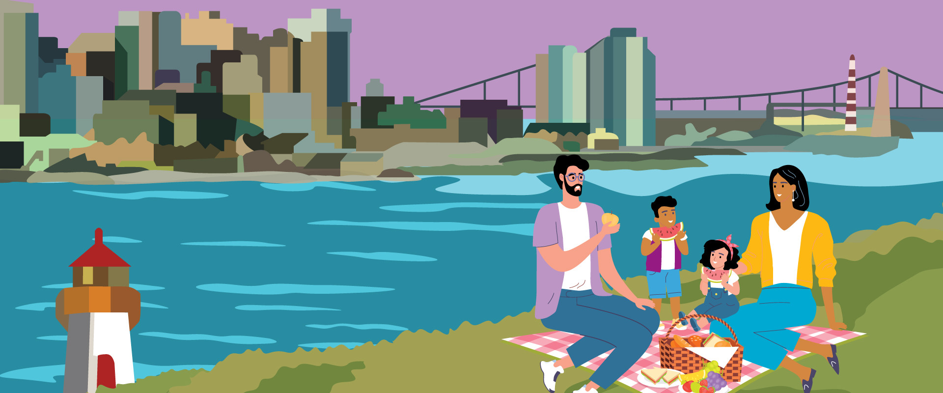 A colorful cartoon image of a family with two kids having a picnic on Georges Island National Historic Site with scenic vistas of Downtown Halifax and the Halifax Harbour in the background.