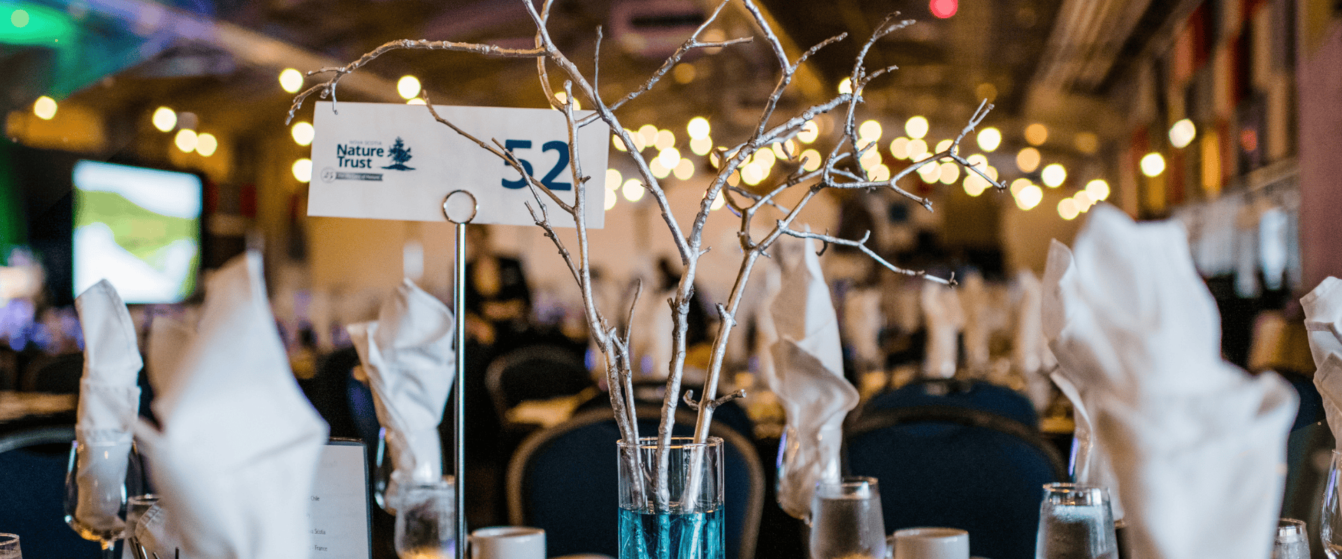 Photo of a decorated table at a gala event with a sign saying Nova Scotia Nature Trust.