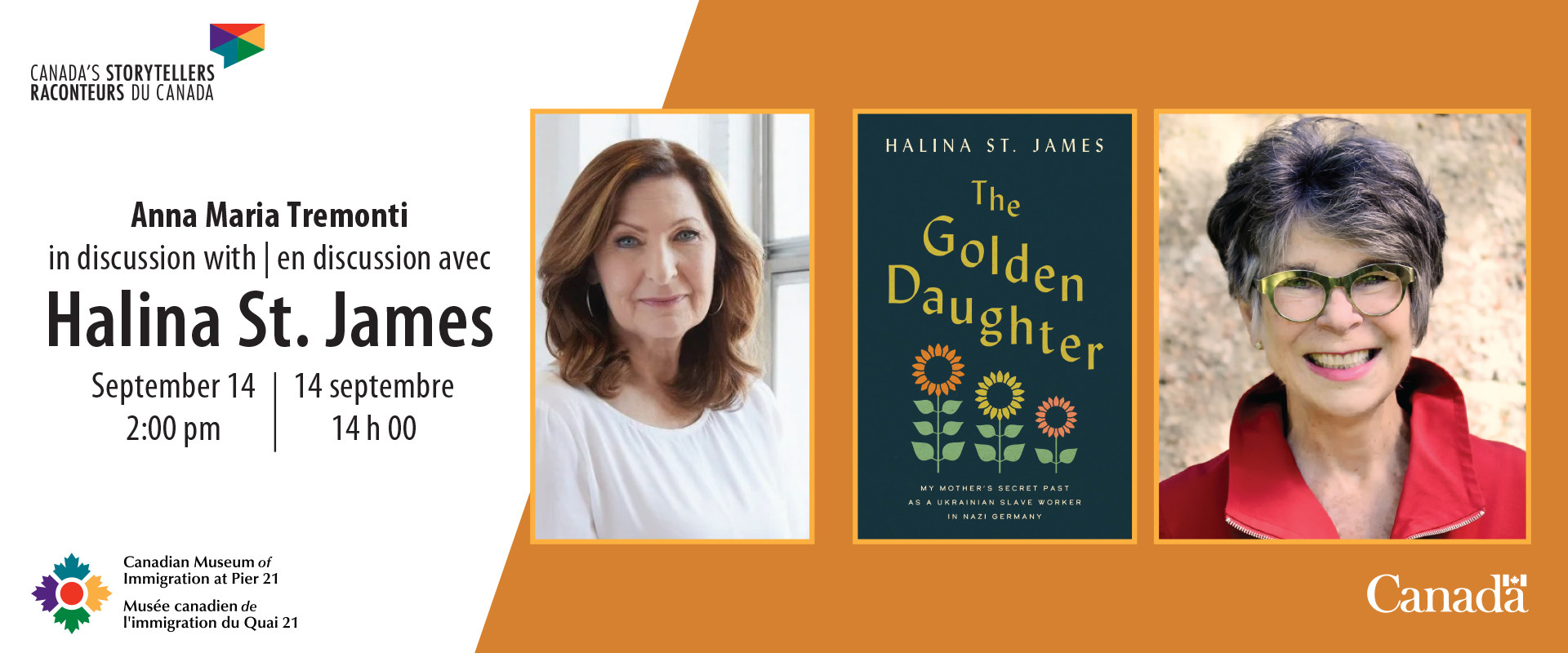 Event information on an orange background beside photographs the interviewer, the book cover, and the author.