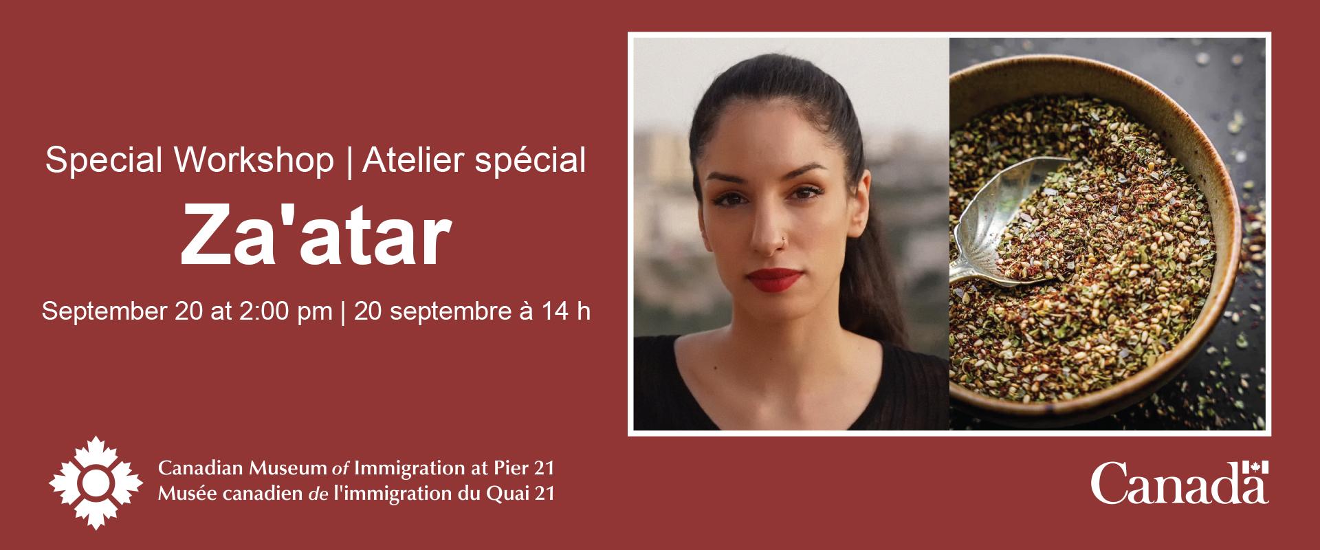 Event information on a burgundy background beside photographs of a young Palestinian woman and a bowl of za’atar spice.