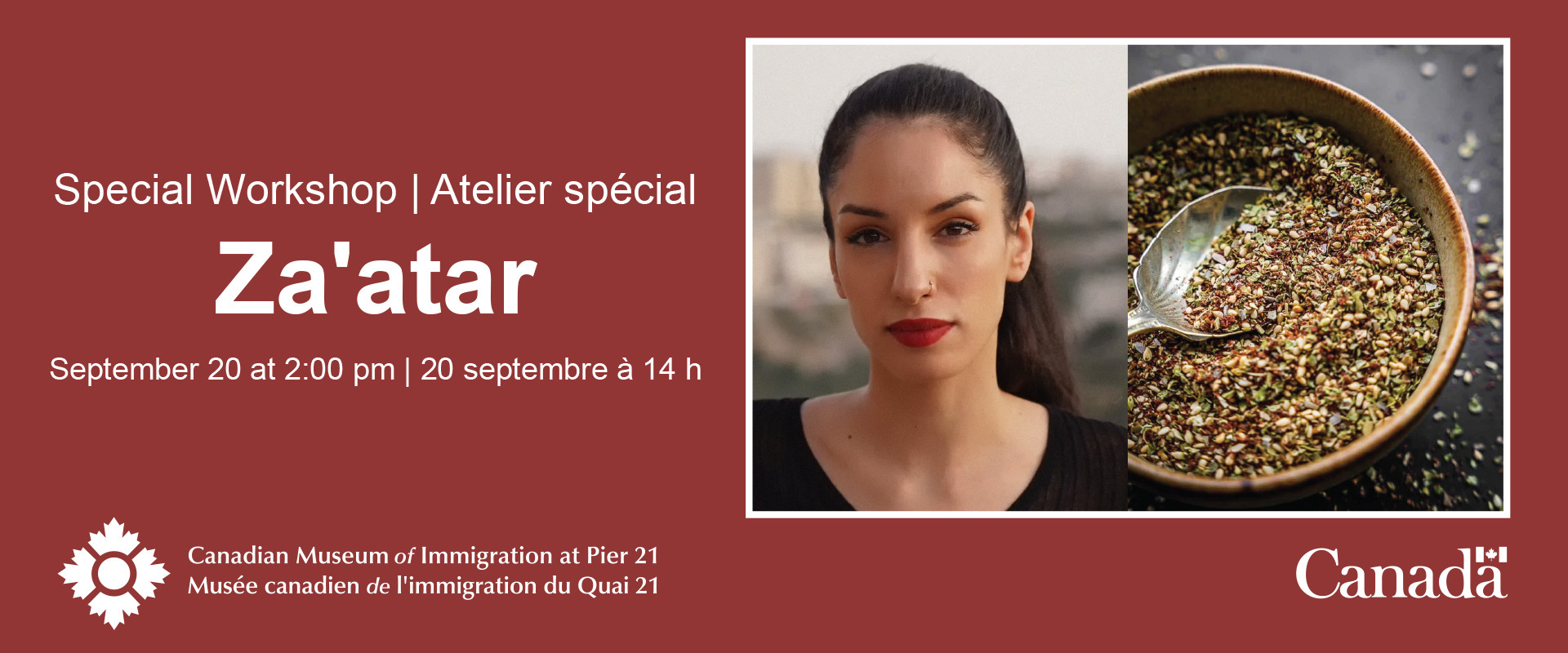 Event information on a burgundy background beside photographs of a young Palestinian woman and a bowl of za’atar spice. 