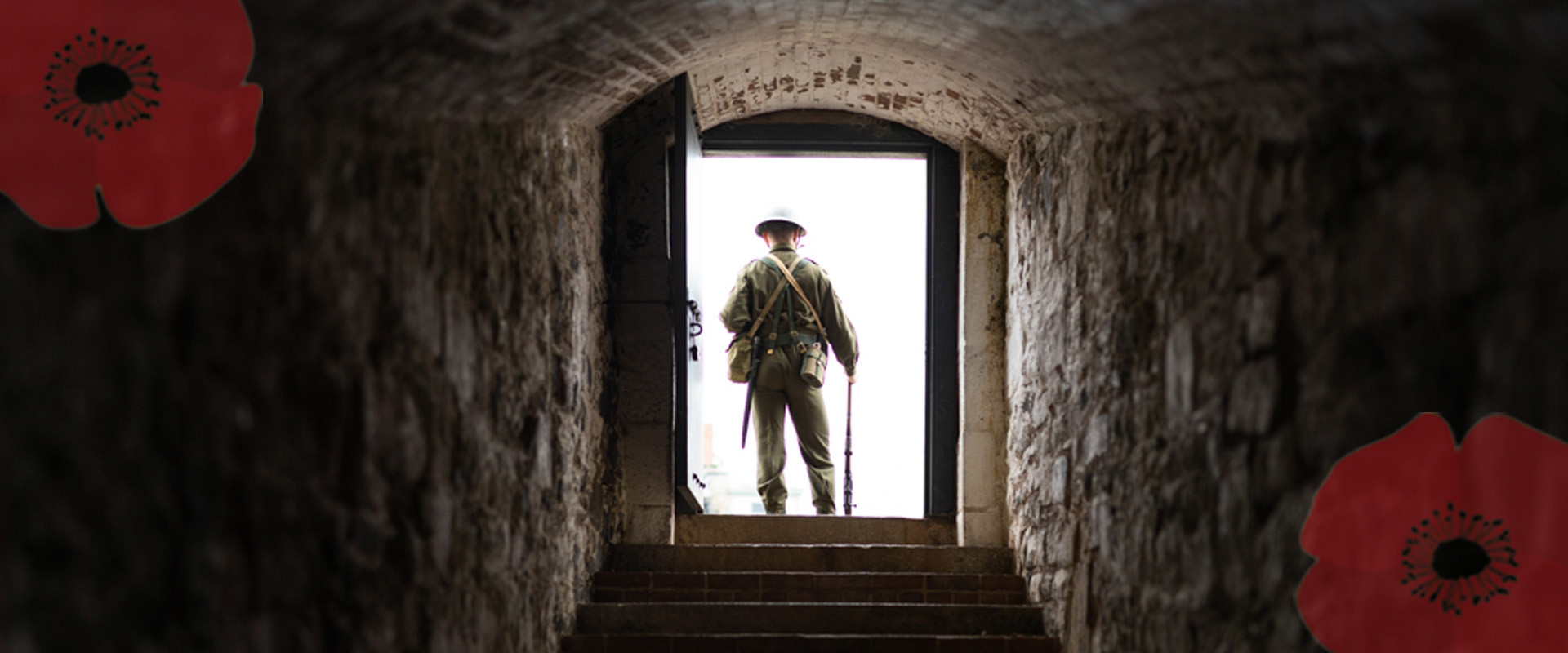 Remembrance Day at Halifax Citadel. A World War 2 soldier stands at the top of a staircase.