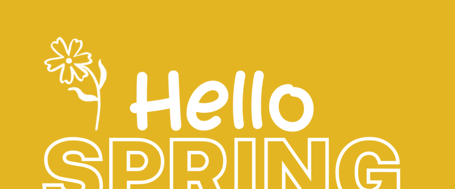 Yellow background with white text, the word "hello" is in a handwritten text, with "spring" in block letters beneath. There is a daisy like flower on the right hand side of the word "hello".