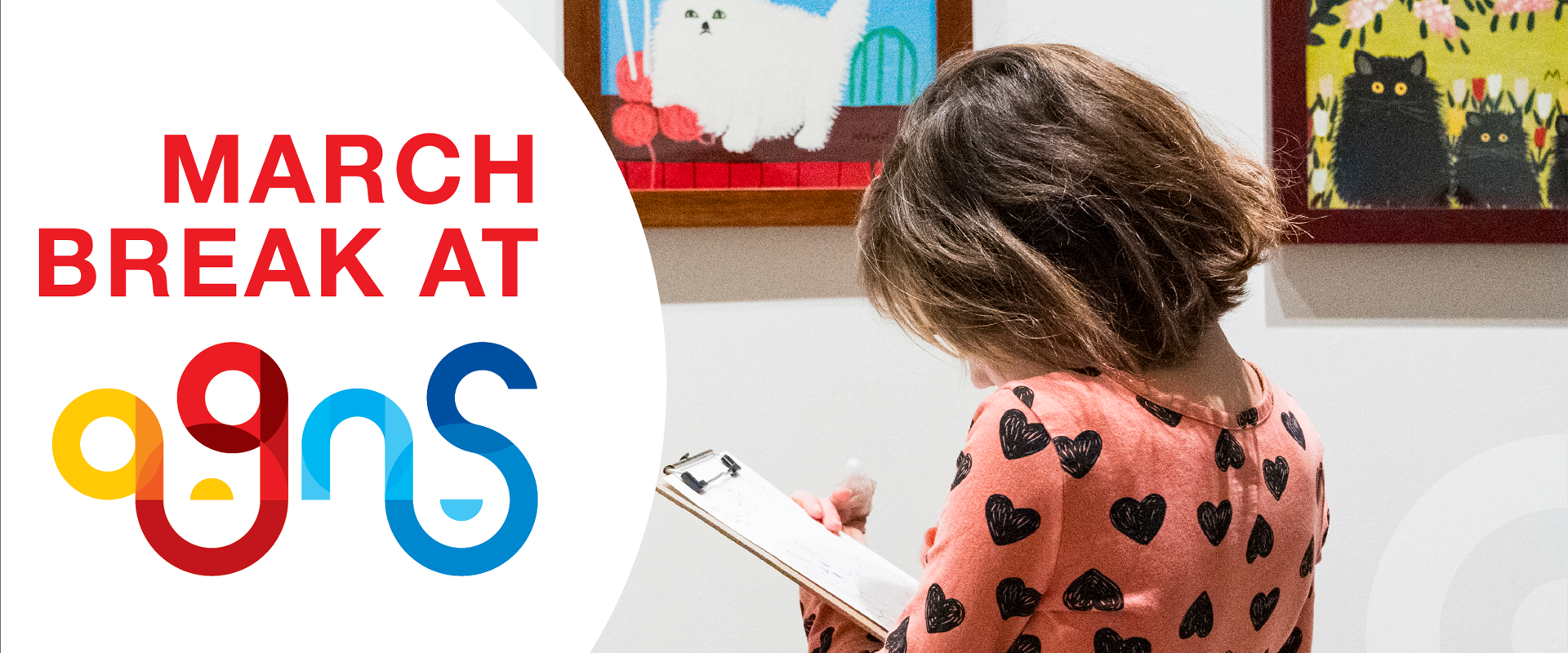 Promotional graphic for the Art Gallery of Nova Scotia. A child with short brown hair stands in an art gallery, focused on drawing. In the background, three framed folk art paintings of cats are mounted on a white wall. The top left of the image features a large white circle containing the red text "MARCH BREAK AT" above the stylized, multi-colored AGNS logo.