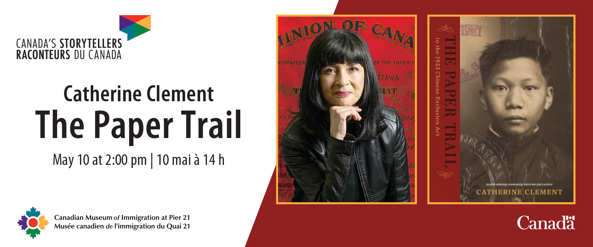 Event information beside a photograph of a Chinese woman wearing a black jacket and a book cover with an archival image of a Chinese boy. 