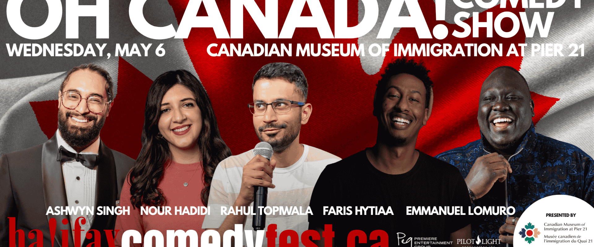 Event information with headshots of six comedians from various cultural backgrounds