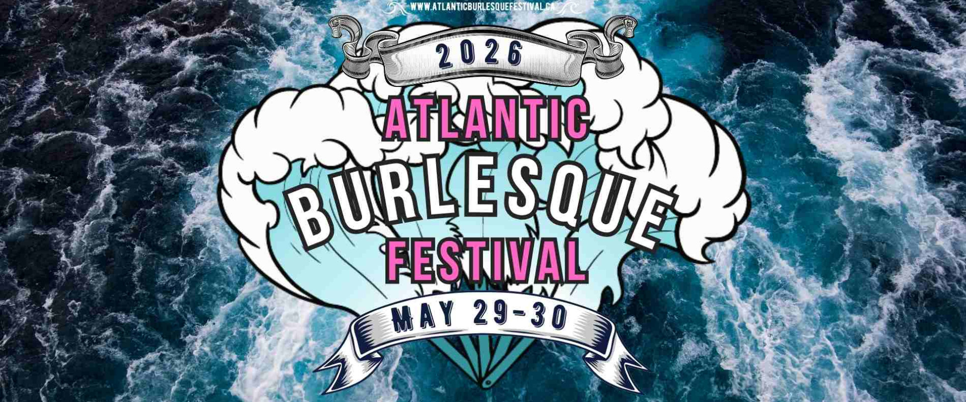 A feather fan on a background of ocean waves, displays the title "Atlantic Burlesque Festival" May 29-30, 2026