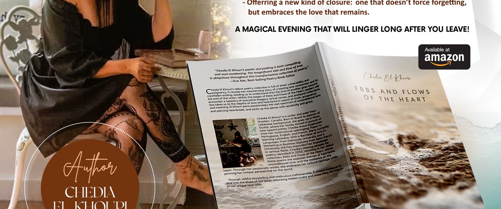 ·         Event: Halifax Book Launch — Ebbs and Flows of the Heart  ·         Author: Chedia El Khouri  ·         Venue: The Prow Gallery, Halifax, Nova Scotia  ·         Date/Time: Thursday, June 12, 2026 — 7–9 pm  ·         Admission: Free