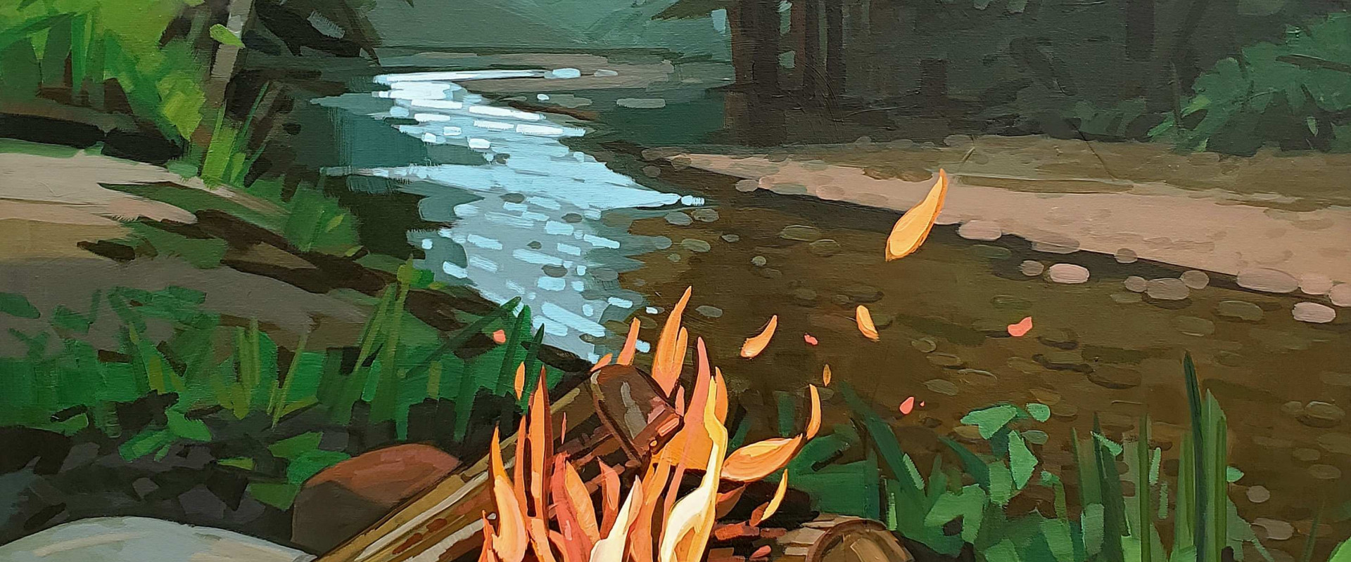 Painting of a campfire situated next to a river in a forest. 