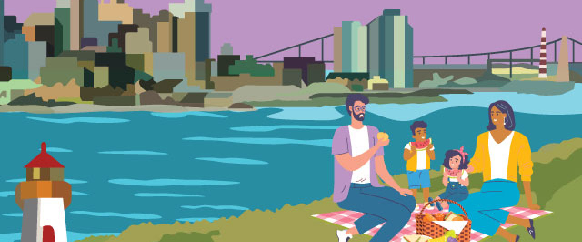 Illustration showing family having a picnic on Georges Island with Halifax skyline in background