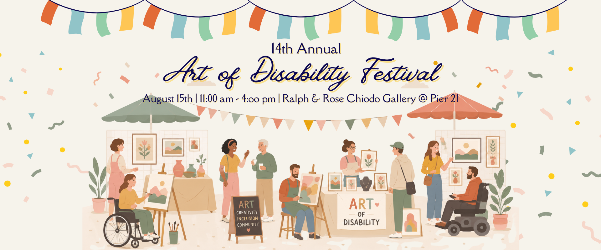 A pastel illustration of an inclusive outdoor art festival featuring artists and visitors of all ages and abilities. People browse artwork, paint at easels, chat with vendors, and enjoy the event under decorated tents, celebrating creativity, accessibility, and community in a welcoming atmosphere.