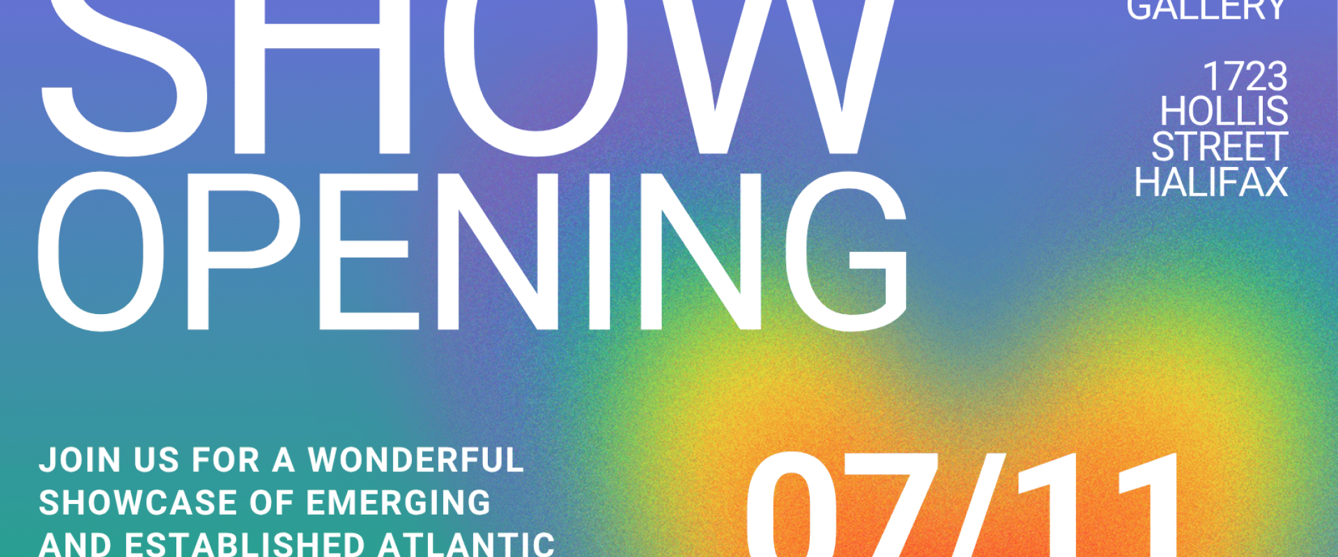 purple to green gradient background with yellow and red heart in the bottom right corner and text that reads "pride show opening"