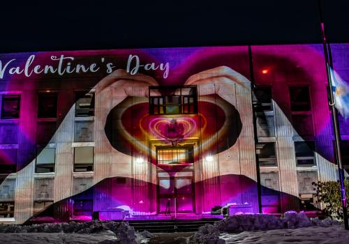 Valentine's Day light projection show on the former Halifax Memorial Library building at Grafton Park in 2022.
