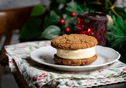 Enjoy a spice cookie and eggnog ice cream sandwich this holiday season. 