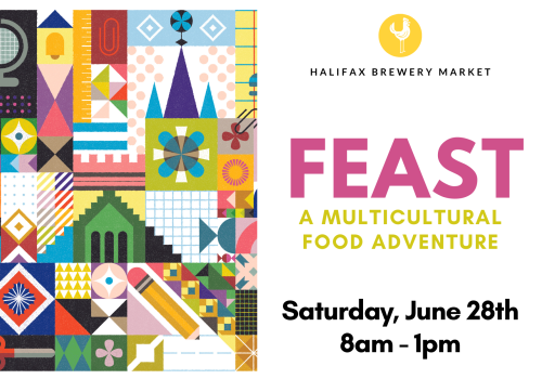 Colourful image with text information about the event.he top of the image there is Brewery Market branding, then the title FEAST in pink, followed by event information: Saturday, June 28th, 8am-1pm.On t