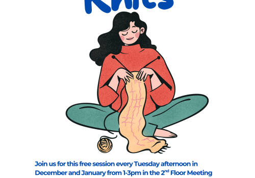 An image of a knitter and information about Knots and Knits sessions, Maritime Museum of the Atlantic