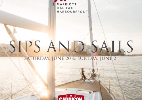 Photo of sailboat in Halifax Harbour with graphic event title text overlay