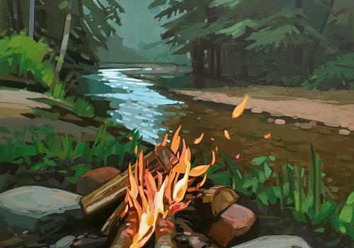 Painting of a campfire situated next to a river in a forest. 