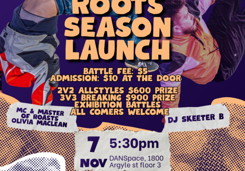 A poster with two dancers and yellow text that reads "concrete Roots presents Concrete Roots season launch" with event details written under it.