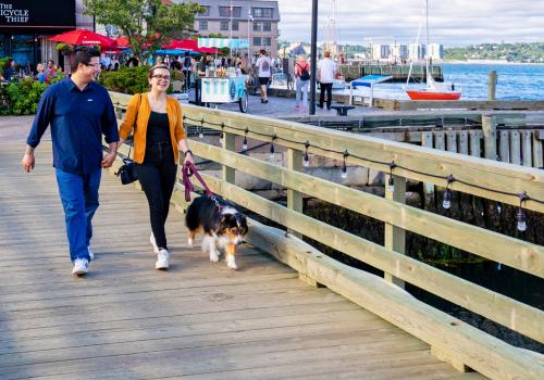 two people walking a dog on the waterfront boardwalk