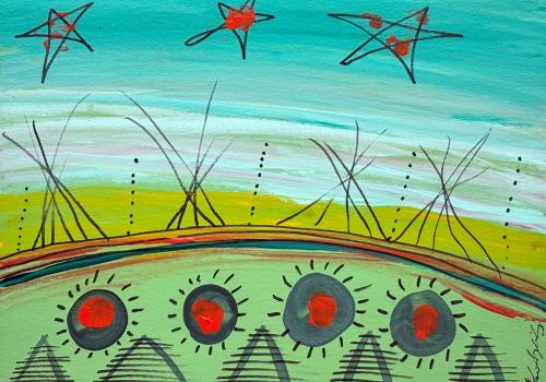 Three Red Stars, mixed media on paper, 8" x 10", 2002