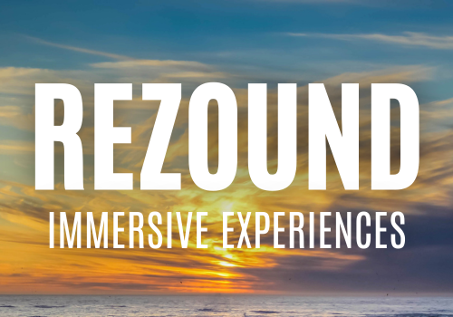 Rezound: Immersive Experiences is written over an ocean sunset