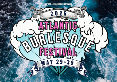 A feather fan on a background of ocean waves, displays the title "Atlantic Burlesque Festival" May 29-30, 2026