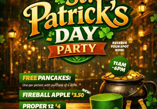 🍀 St. Patrick’s Day Party | 11AM–6PM 🍀 Join us for:  🥞 FREE Pancakes (with drink purchase) 🔥 Fireball Apple – $3.50 🥃 Proper 12 – $4 🍺 Guinness – $7  🎸 Live Band 👗 Costume Contest for Best Dressed, post your look on Instagram & tag The Auction House for your chance to win!  Ticket receipt = FREE admission to the Dome’s St. Paddy’s Day Party ☘️