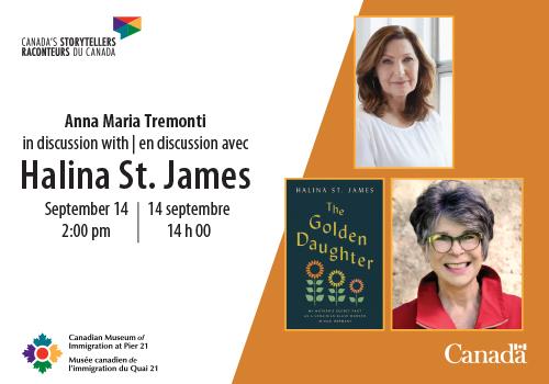 Event information on an orange background beside photographs the interviewer, the book cover, and the author.