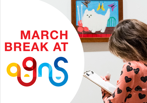 Promotional graphic for the Art Gallery of Nova Scotia. A child with short brown hair stands in an art gallery, focused on drawing. In the background, three framed folk art paintings of cats are mounted on a white wall. The top left of the image features a large white circle containing the red text "MARCH BREAK AT" above the stylized, multi-colored AGNS logo.