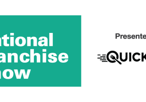 Left Side contains green background with white text reading "the national franchise show"; right side is clear background with black text reading "presented by quick bites".