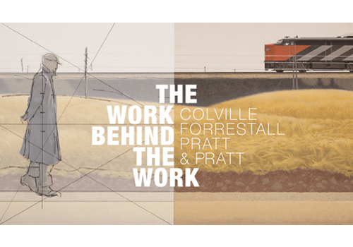 Promotional graphic split down the middle showing a sketch transformation on the left and a finished painting on the right. The text reads "THE WORK BEHIND THE WORK" in large white letters beside "COLVILLE FORRESTALL PRATT & PRATT" in smaller typography.