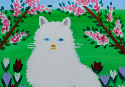 A whimsical folk art painting of a fluffy white cat sitting in a spring garden with pink blossoms and tulips.