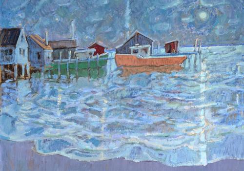 A painting by Tim McGuire of boats at a fishing wharf. 