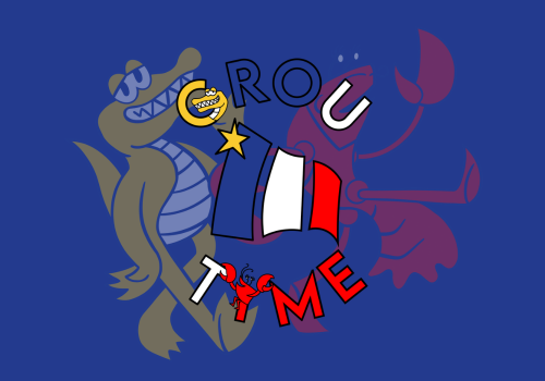 Grou Tyme Festival logo, containing an acadian flag, a crocodile, and a lobster