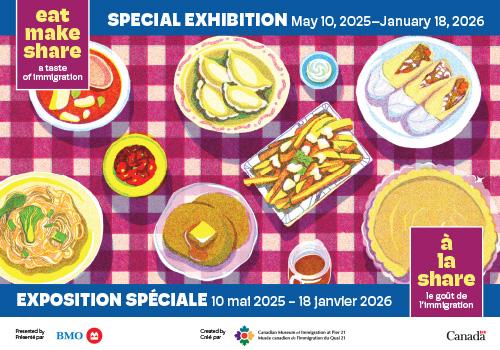 Exhibition information with a checkered tablecloth and illustrated dishes of cultural food.