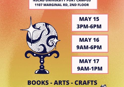 A pink and yellow poster displays an illustration of a crystal ball and event information.